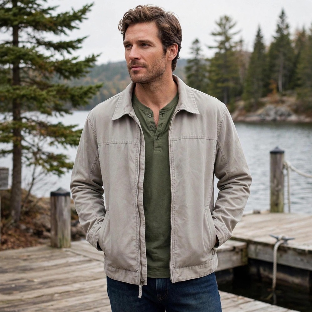 LL‎ Bean Mens Khaki Tan Cotton Canvas Full Zip Harrington Jacket Large Tall L T